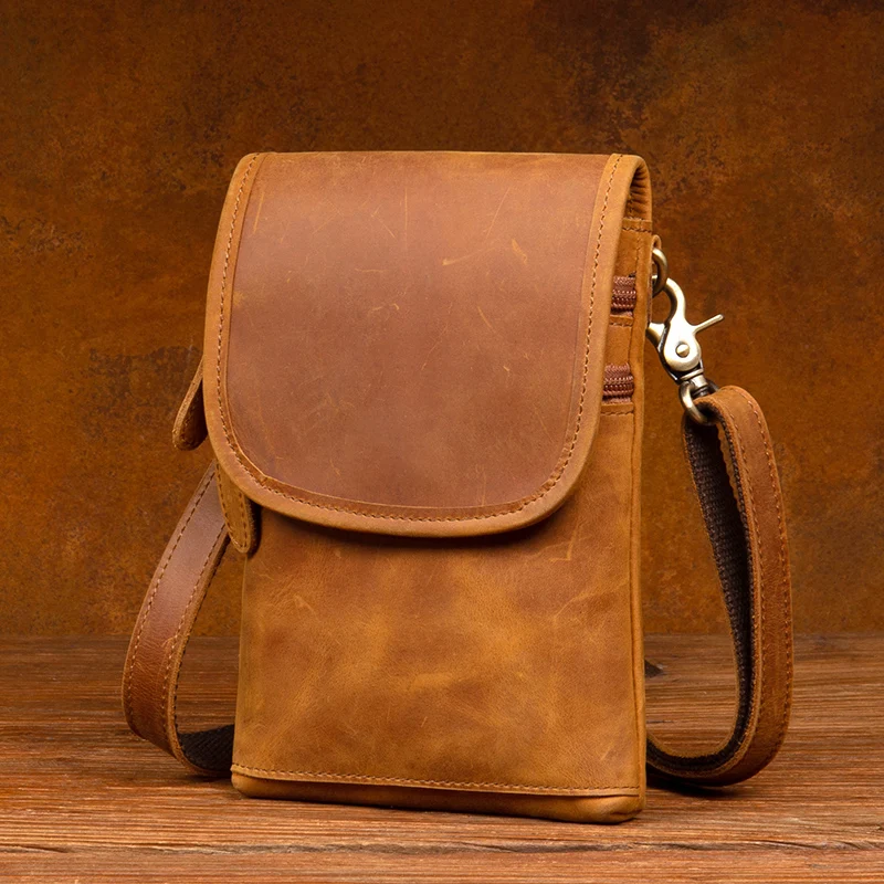 Crazy Horse Leather Vertical Pocket Men's Bag Retro Head Leather Mobile Phone Bag Multi-functional shoulder slung bag