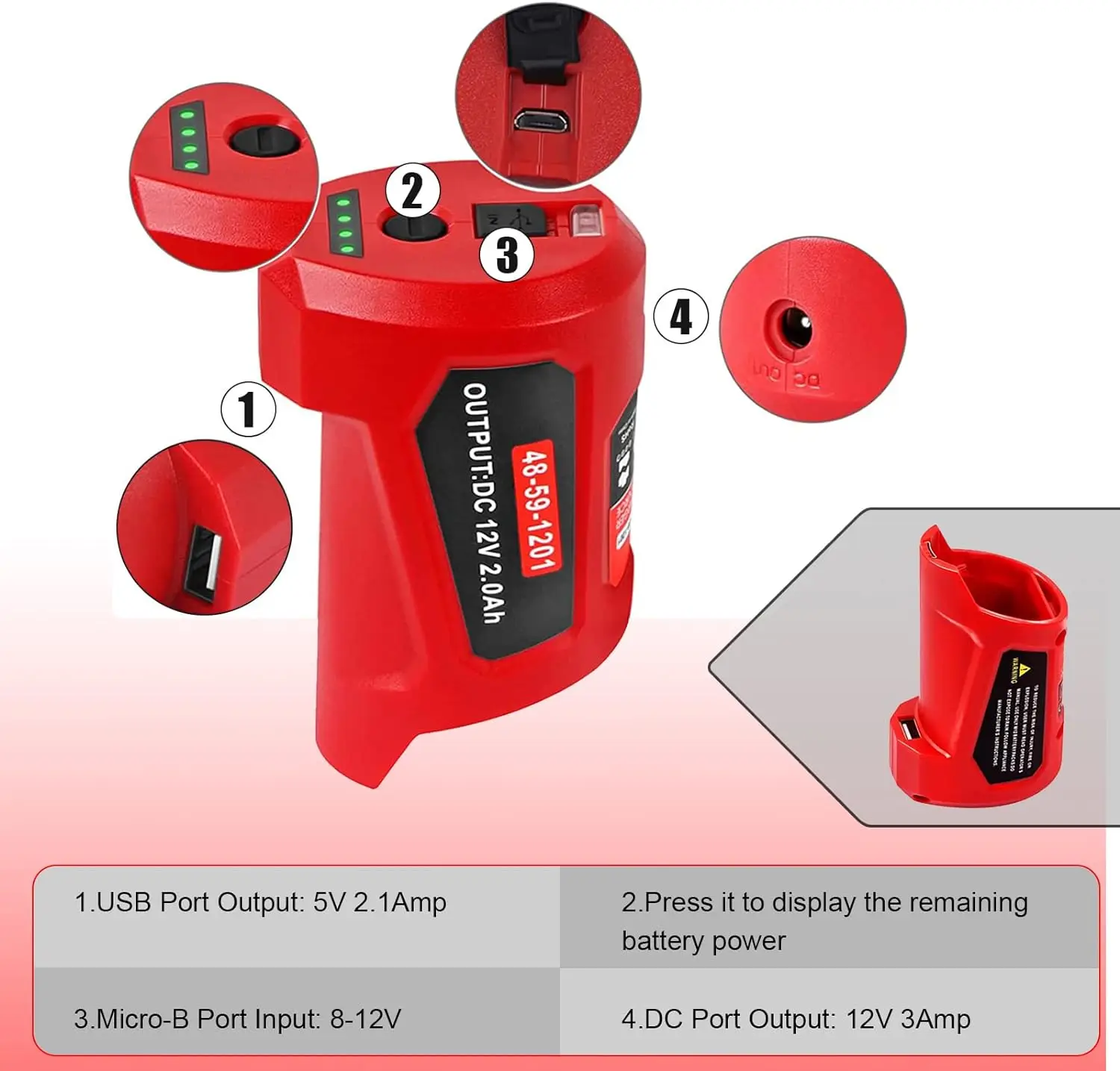 M12 Battery Adapter for Milwaukee with USB Port Power Tool Compatible with 12V Li-ion Battery