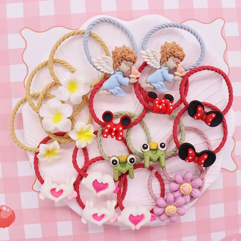 2Pcs/Set Children's Elastic Band For Girl Hair Ties Cute Angel Bowknot Flower Love Resin Hair Rubber Band Kid Headwear Scrunchie