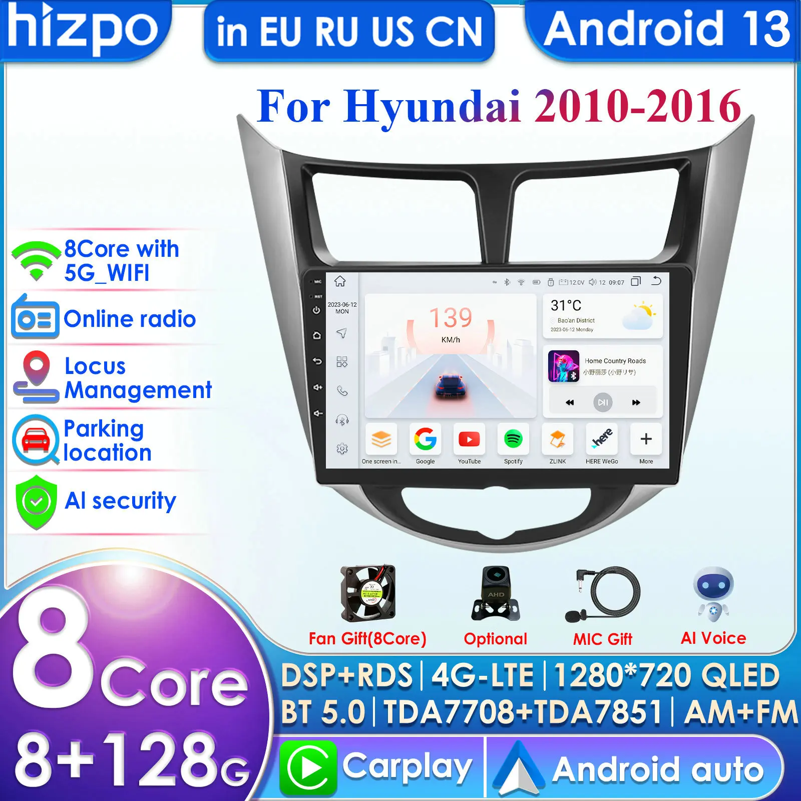 Hizpo 9'' AI Intelligent System CarPlay Android Auto Radio for Hyundai Solaris Verna Accent 1 2010-2016 Car Multimedia Autoradio