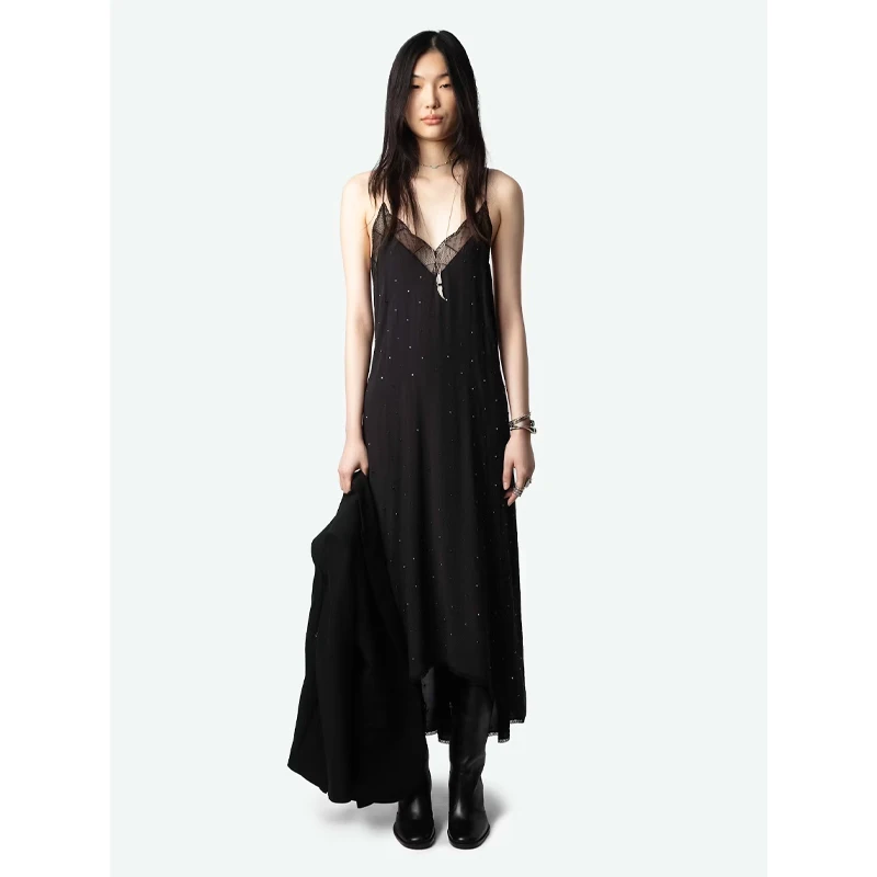 Zadig Solid Black Dress Women Casual Long Halter Dresses Ladies Elegant Slip Backless Robes Chic Lace Diamonds Jupes Female