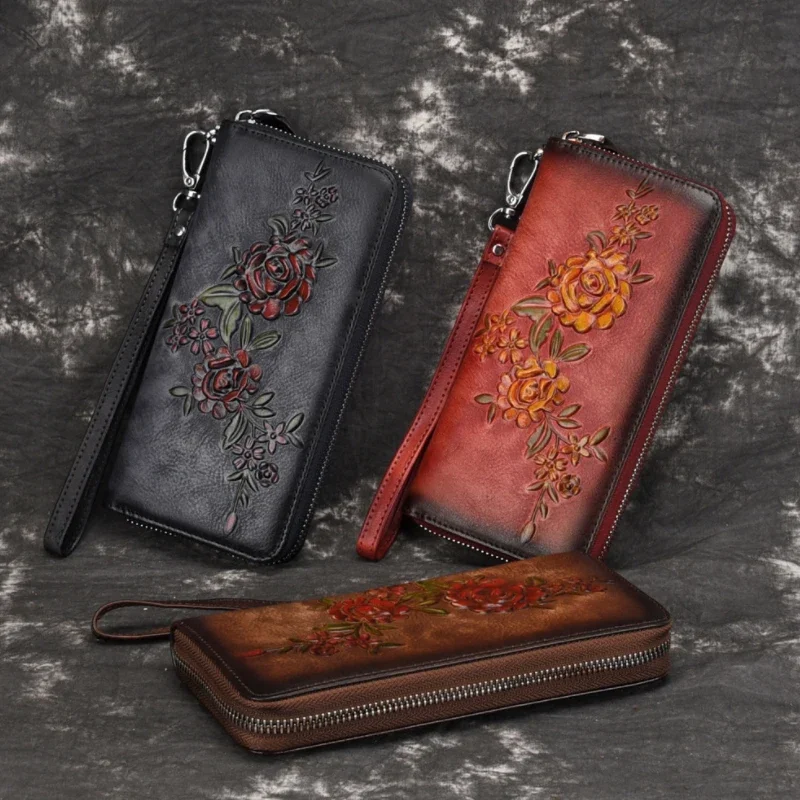 

Vintage Leather Women Long Wallet Cow Leather Zipper Around Thin Purse Credit Card Phone Hands Wallet with Belt Strap