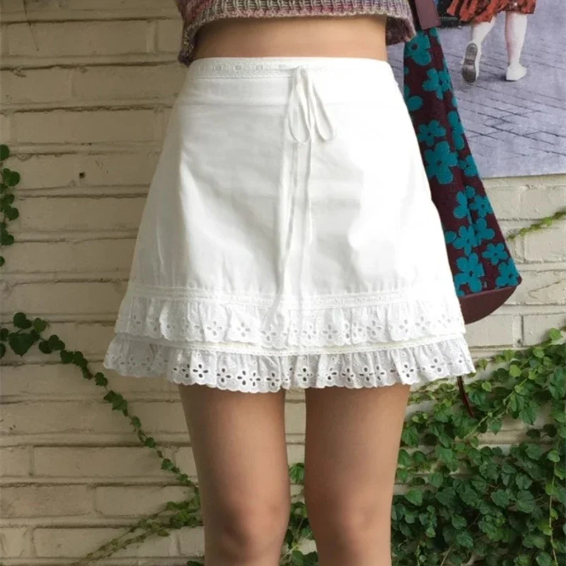 Streetwear Lace-up Pleated Solid Color A-line Skirt Women 2024 Summer New High Waist Lace Splicing Hollow Out Sexy Mini Skirt