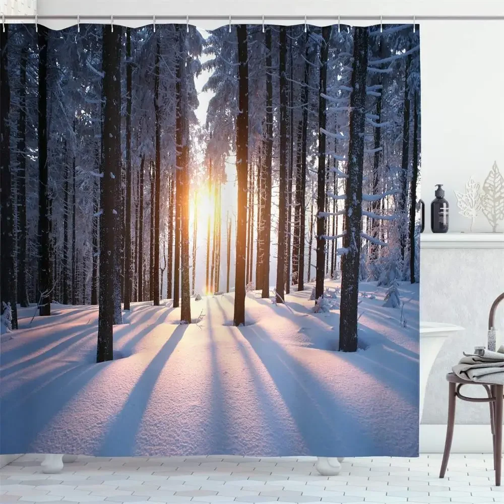 Winter Shower Curtain Forest Birch Trees Cedar Snow Scene Nature Landscape Wall Hanging Cloth Bathroom Curtains Decor With Hooks