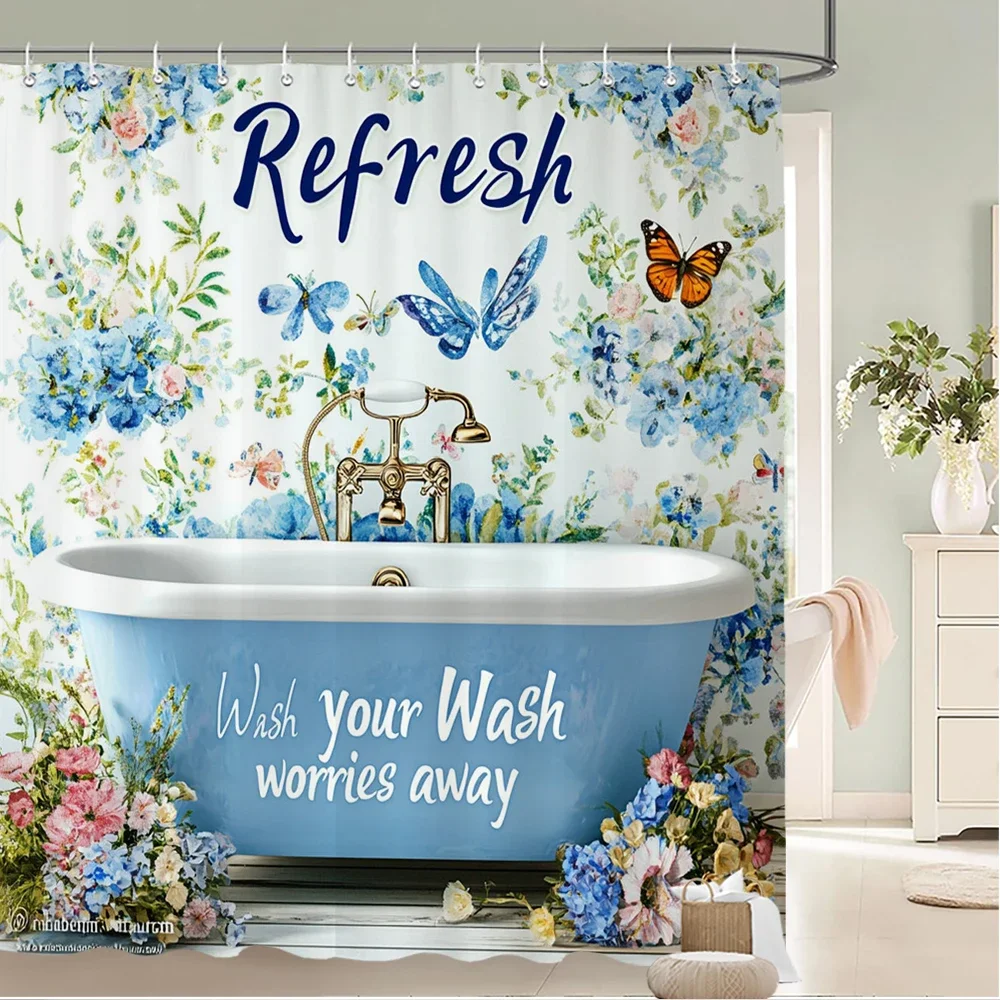 

Красивая ванна с цветочным узором, тканевая занавеска для душа, занавеска для ванной комнаты, занавеска для украшения дома с крючками