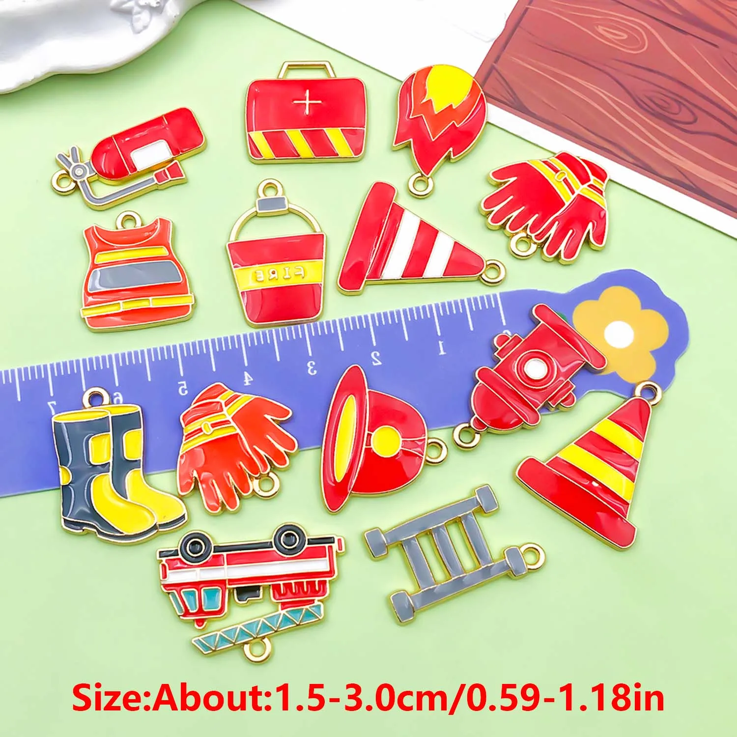 10/15pcs Firefighter Charms Alloy Fire Extinguisher, Fire boots, Gloves, Flame, Helmet Pendants for DIY Jewelry Making Accessory