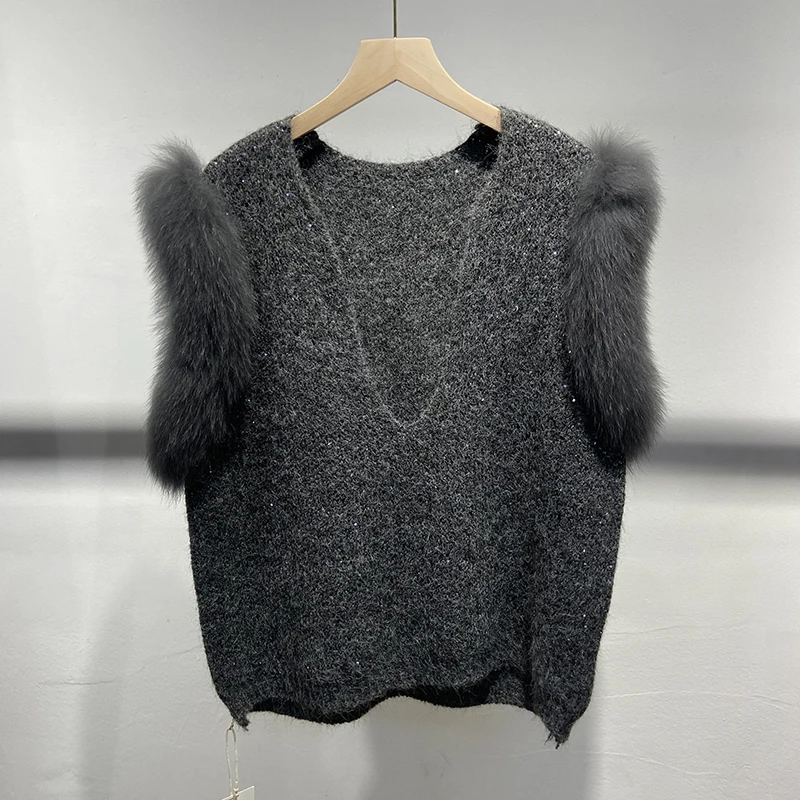 

2025 корейский стиль для девочек, темно-серый натуральный лисьий мех, осенний жилет без рукавов, свитер, весенний вязаный жилет, жилет
