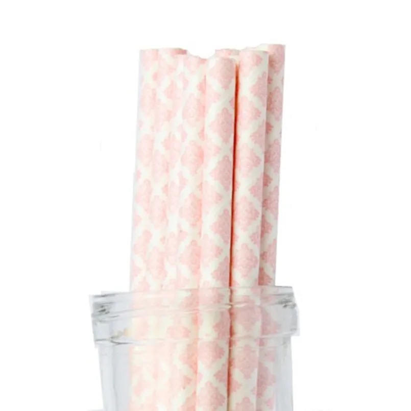 100 Pcs Light Pink Damask Paper Straws,Girl Baby Bridal Shower Birthday Party Wedding Princess Craft Cocktail Cake Pop Sticks