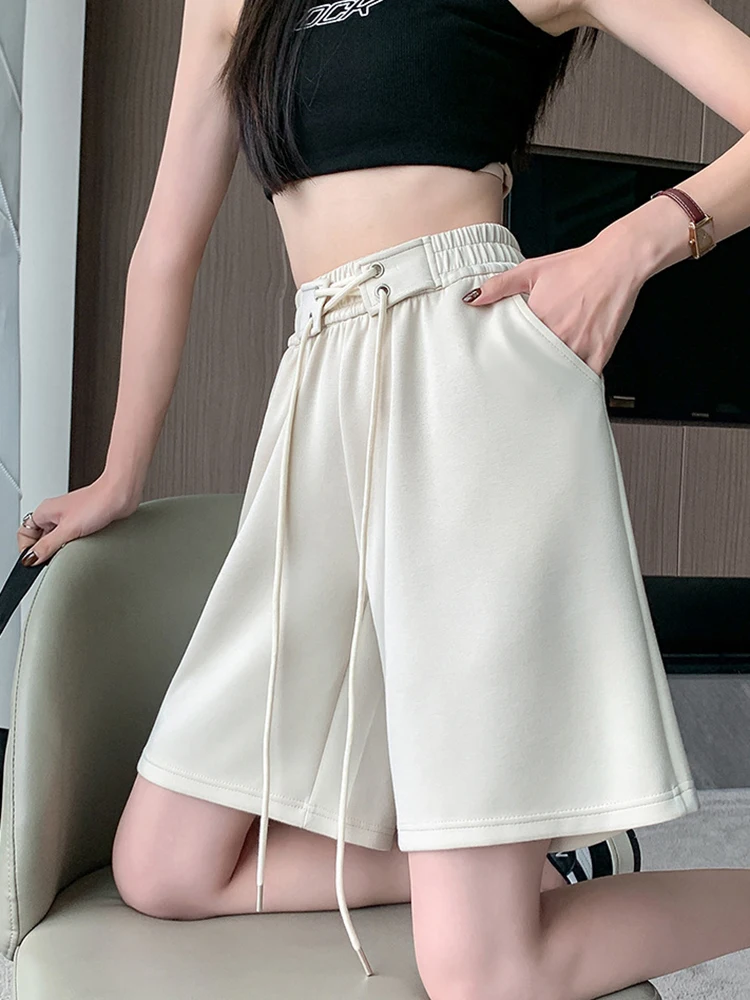 

High Waist Air Cotton Wide Shorts for Women 2023 Summer Gray Lace Up Women's Home Shorts Baggy Sport Shorts Classic Slim Bottoms