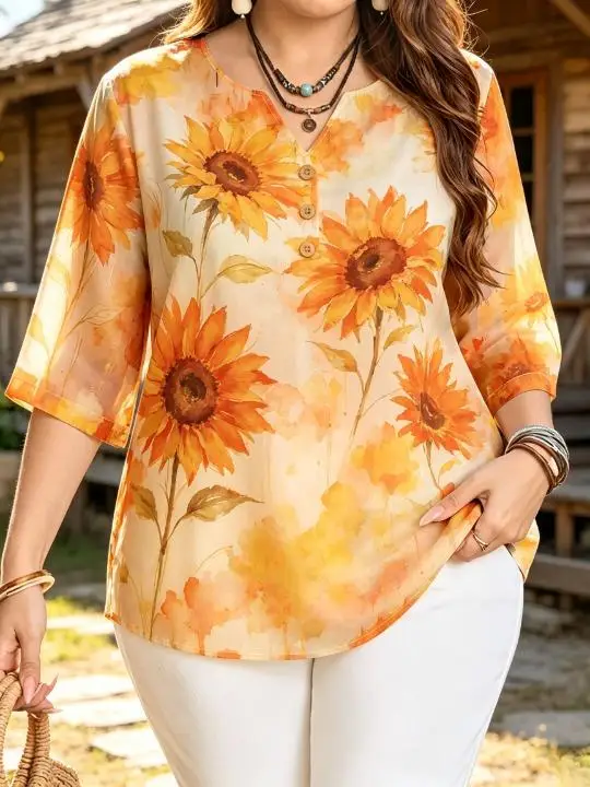 Women 3/4 Sleeve V‑Neck Blouse Button Detail Watercolor Floral Print Loose Casual Ladies Tops