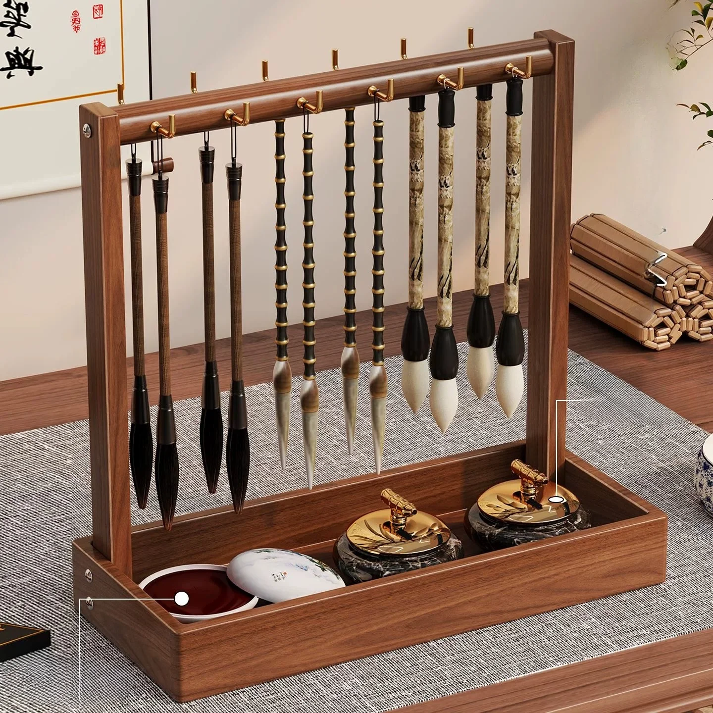 Solid Wood Writing Brush Storage Rack Desktop Brush Hanger Calligraphy Brush Holder For Student Four Treasures Table Decor Gift