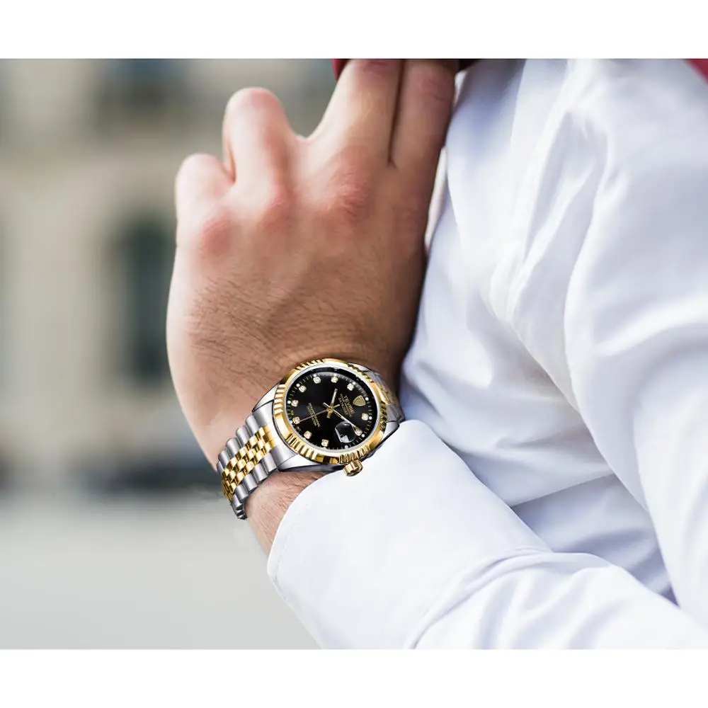 TEVISE 629 Luxury Brand Diamond Gold Black Fashion Watch Stainless Steel Automatic Mechanical Clock Calendar Unique Gift for Men