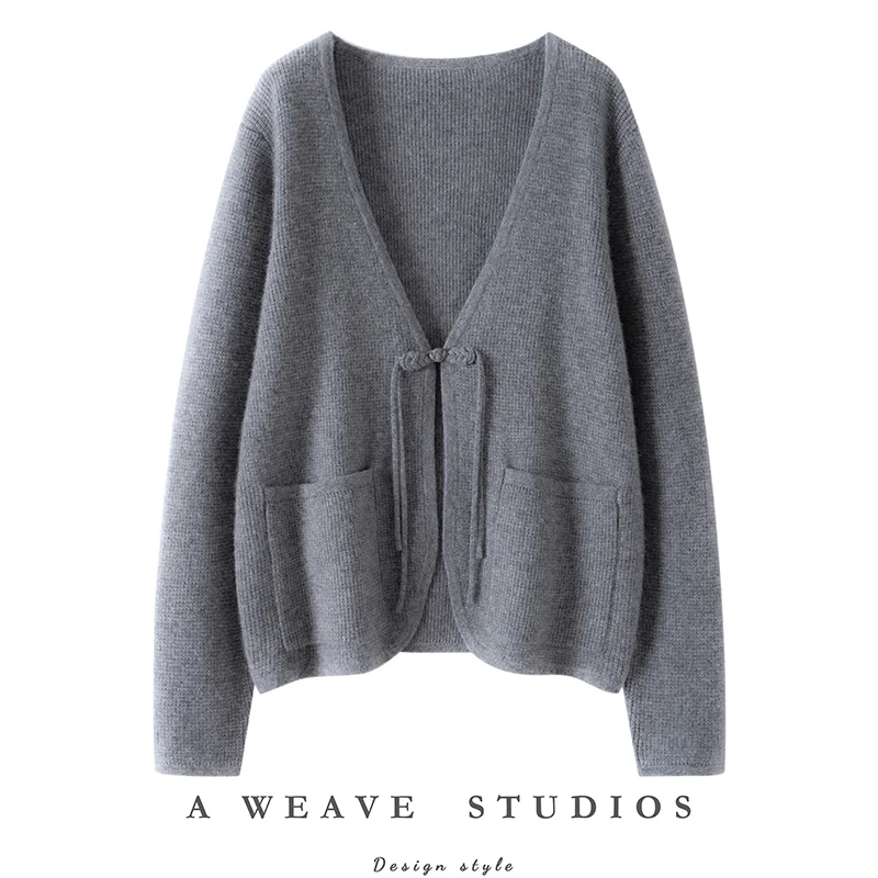 

Chinese Style Women V-neck 100% Pure Cashmere Sweater Elegant Autumn Winter Thick Warm Cardigan Woman Knitted Pocket Tops