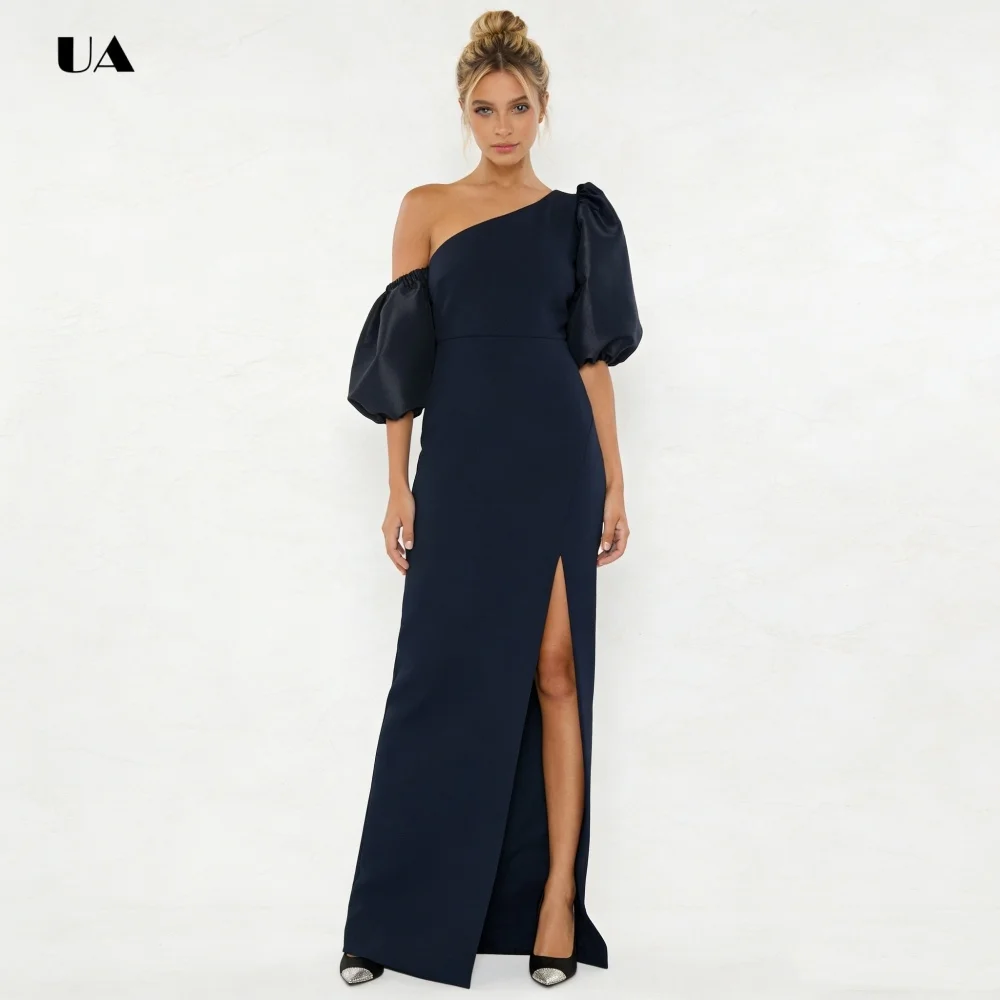 ULBYANRN Ballkleid mit asymmetrischem Ausschnitt, solides Abendkleid mit hohem Schlitz und Satin-Ballonärmeln, einfaches, maßgeschneidertes Partykleid