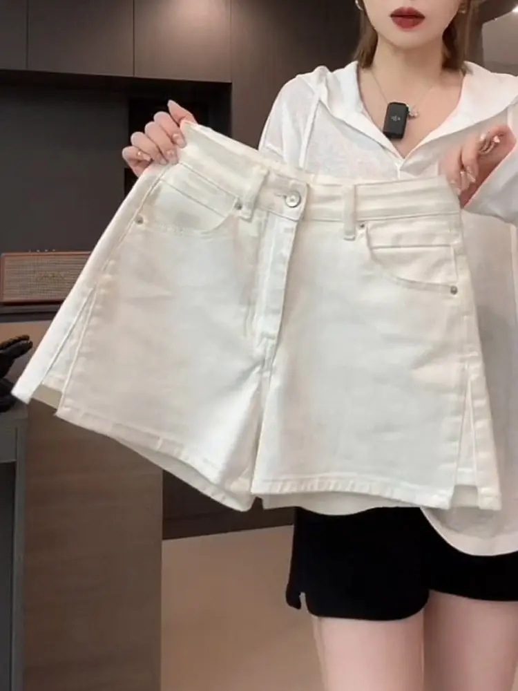 

High Waist Slit Denim Shorts Women's Summer New plus Size Slimming Pants A-Line Wide Leg Trendy Hot Shorts Casual Style Zippe...