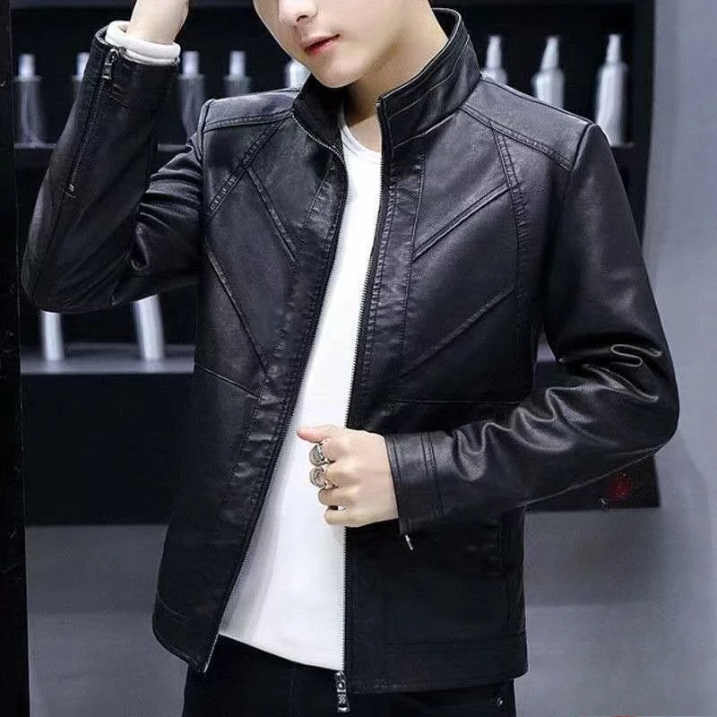 

New Arrival Men's Slim Fit Korean Style Leather Jacket with Stand Up Collar Thin Autumn Lined Coat for Middle Aged Young Men