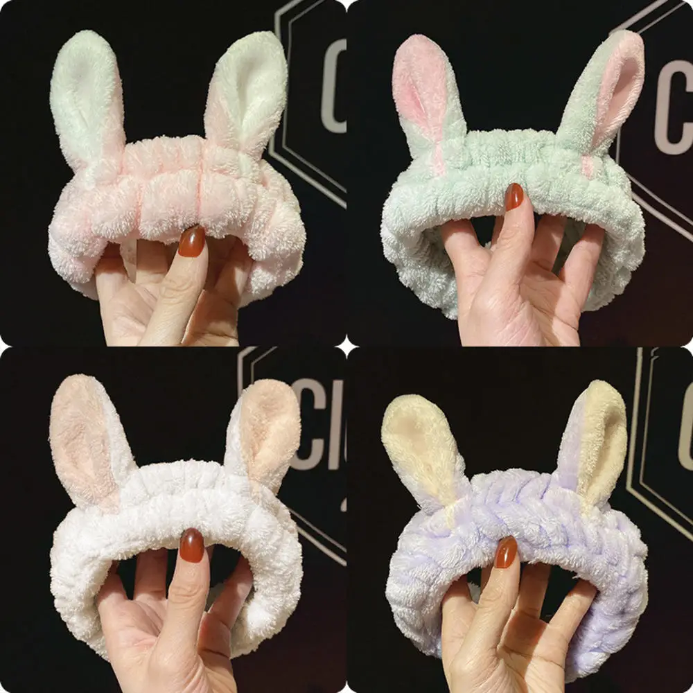 Elastic Makeup Headbands Girls Women's Lovely Bunny Ears Headbands Coral Fleece Washing Face Head Wraps