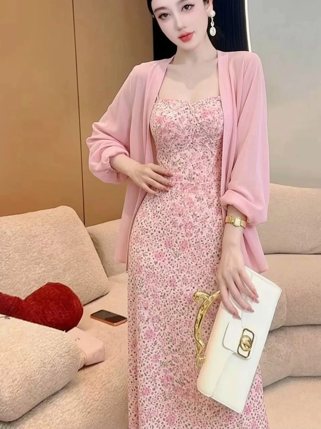 

Korean Style Women's Floral Print Two-Piece Set Summer Vacation Gentle Style Long Sleeve V-Neck Dress And Top Combo