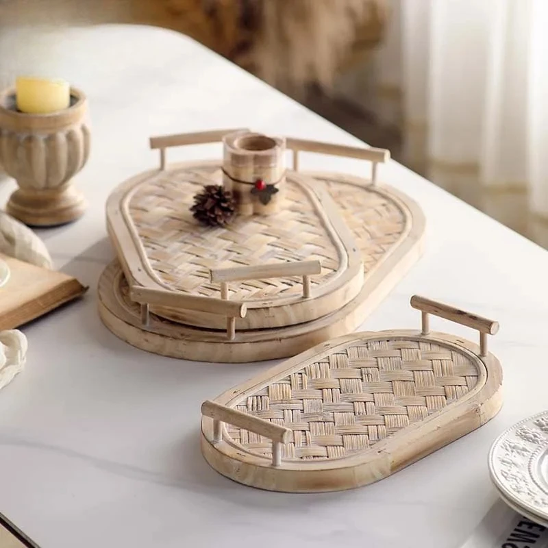 

Bohemian Style Handwoven Bamboo Tray, Rectangular Fruit and Coffee Cup Serving Platter for Tabletop Decoration in Cafe & Home