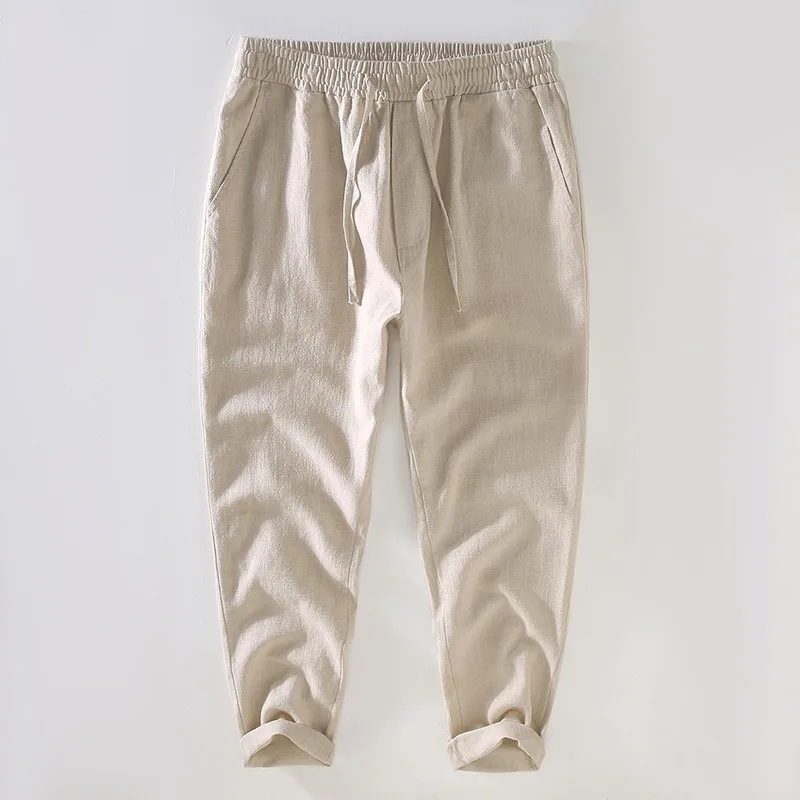 Summer New Men's Mid Rise Ramie Pants with Elastic Waistband, Cotton and Linen Material, Breathable and Casual Cropped Pants