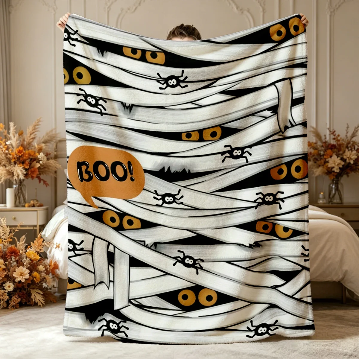 Funny Halloween Throw Blanket Mummy Bandage Spider BOO Art Print Soft Flannel for Kids Room Sofa Lap Holiday Theme Decor Gift