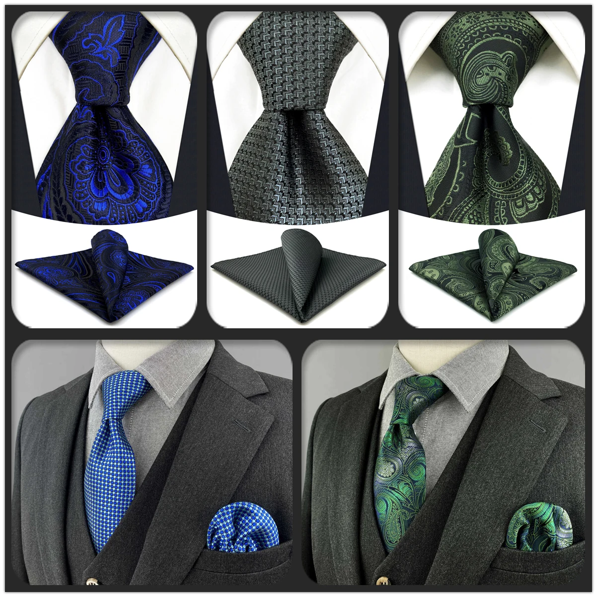 Blue Necktie Grey Green Mens Ties and Pocket Square Set Classic Wedding Accessory For Suit Gift