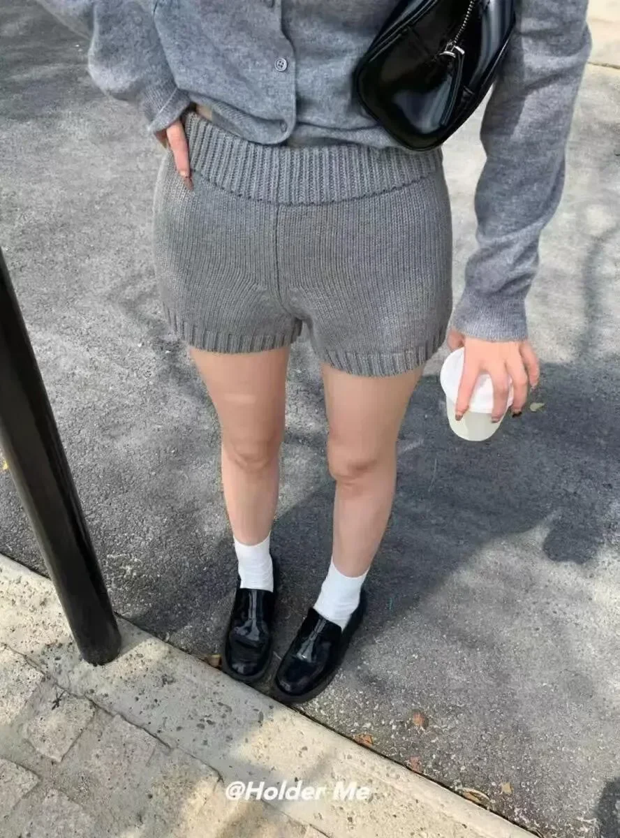 Preppy Street Women Knitted Shorts High Waist Wide Rib Elastic Waist Slim Bodycon Knit Pants Fall Winter Casual Bottom Wear