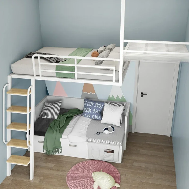 

Apartment loft bed duplex two-story elevated bed wrought iron store compartment storage platform shelf hammock iron frame bed