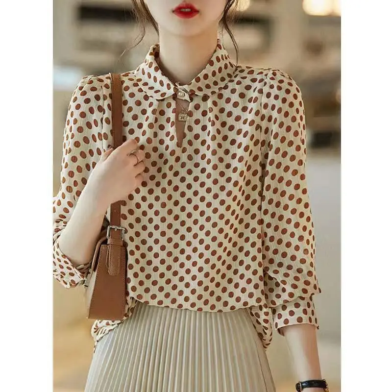 Women Korean Fashion Polka Dot Print Blouse Spring Autumn Beaded Hollow Elegant Chic Shirts Long Sleeve Loose Tops Blusas Mujer