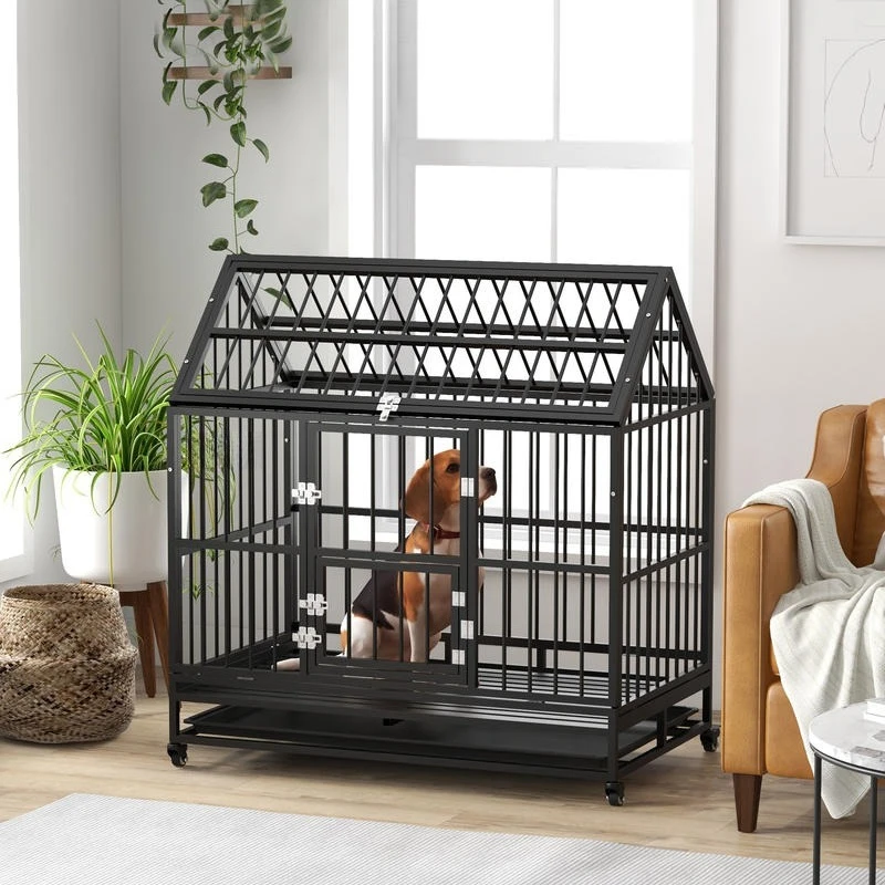 

48" Heavy Duty Dog Crate on Wheels, with Removable Tray, Openable Top, for L, XL Dogs - Black