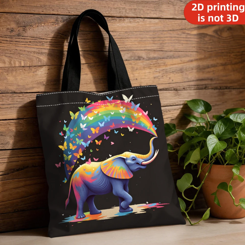 1Pc 2D Printing Handbag Colorful Elephant Rainbow Butterfly Print Tote Bag For Subway Commute Shopping Travel Daily Use