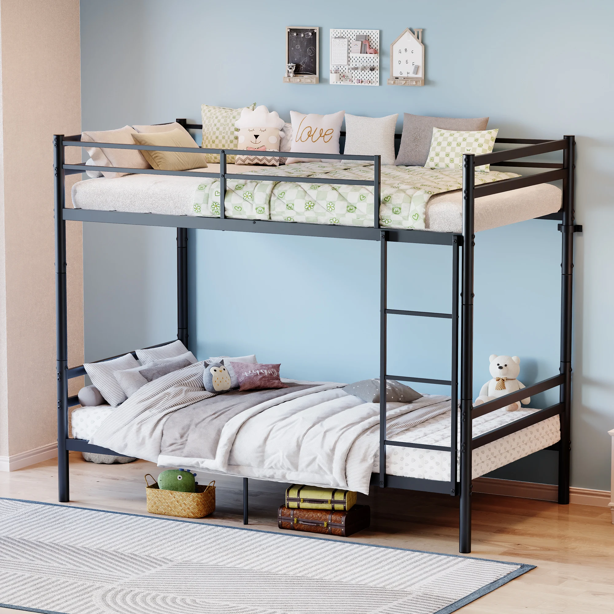 Bunk Bed with Ladder and high Guardrail, Able to Split, Metal Bunk Bed, Storage Space, Noise Free,Twin Over Twin Size,Black