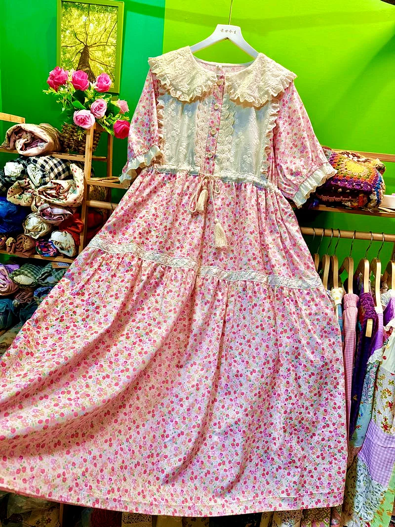 Cotton Lace Patchwork Victorian Rococo Sweet Midi Dress for Women Vintage Retro Chic Summer Lolita Mori Girl Evening Long Dress