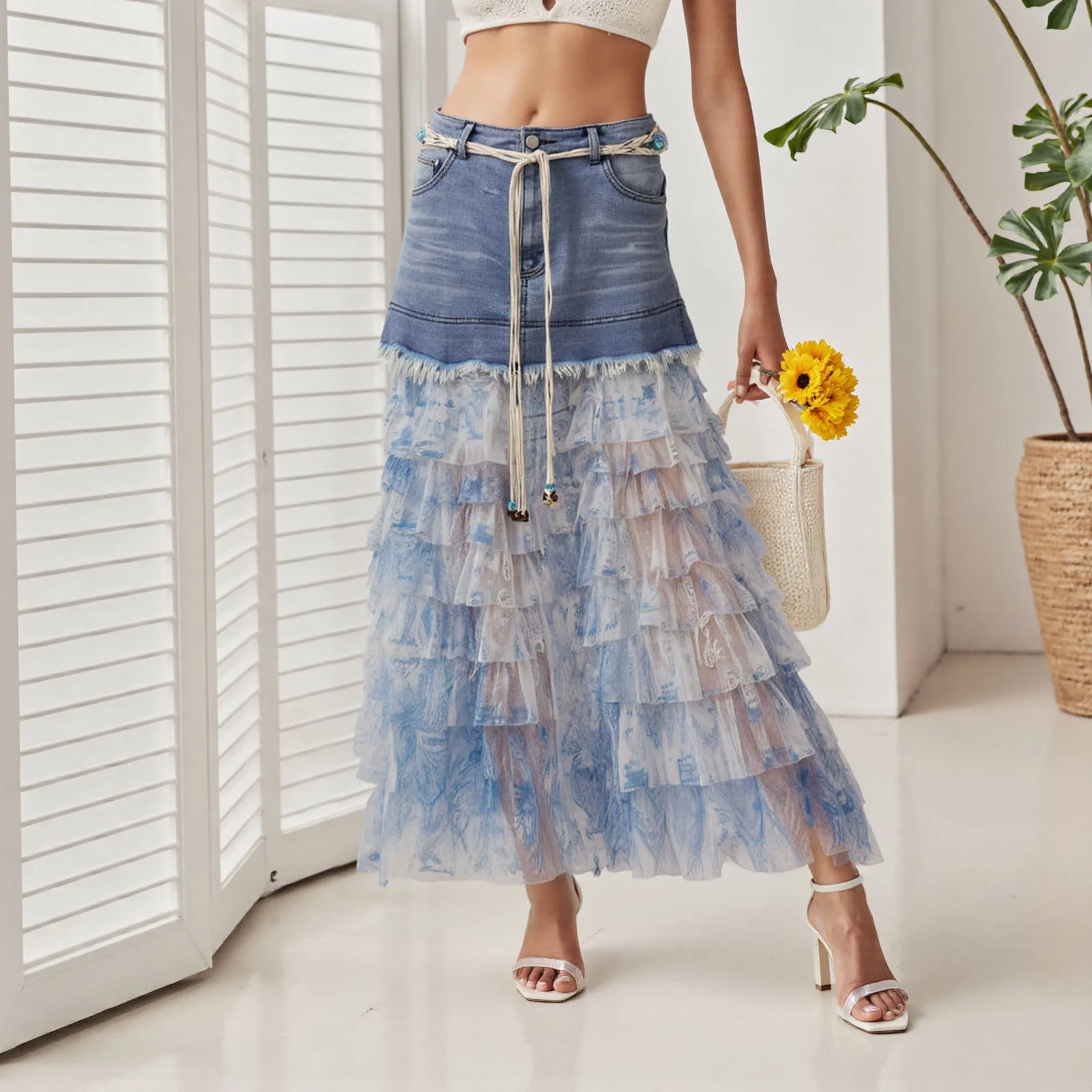 

Новые модные женские длинные джинсовые юбки, повседневные многоярусные тюлевые юбки с высокой талией, весенне-осенние юбки-миди, клубный уличный стиль, S-XL