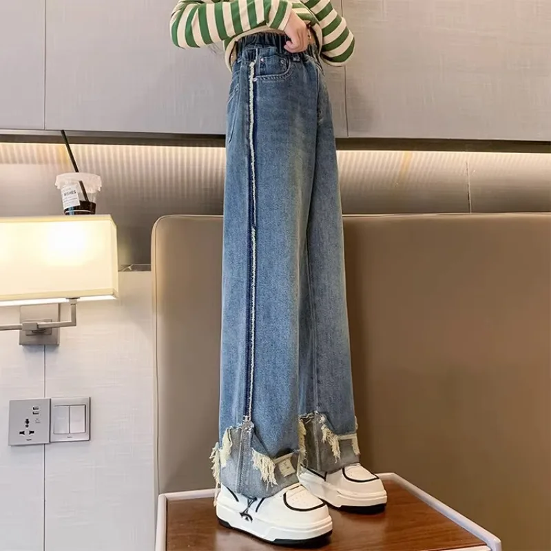 4-16 Years Old Girl Spring and Autumn Trousers Straight Fashion Jeans Wide Leg Jeans  Girls Clothes 10 12 Year