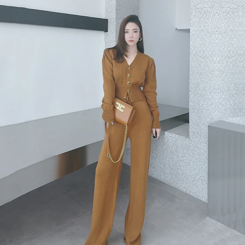 

New Autumn Winter Sweater Pant Sets V-neck Puff Sleeve Cardigan Sweaters + Wide Leg Pants Two Piece Sets Womens Outifits Korean