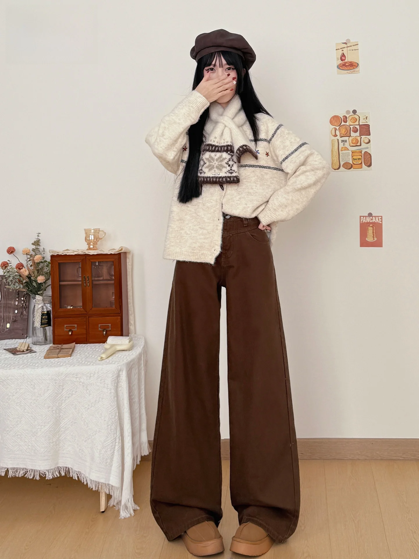 

High Waist Bell Bottom Jeans Women's Coffee Color American Style Loose Fit Summer Slimming Wide Leg Draped Pants