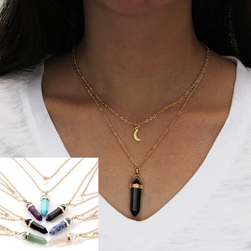 1 Pc Women Moon Hexagonal Prism Pendant Necklace Six Prism Glass Necklace Fashion Double Layers Crescent Pendant Necklace
