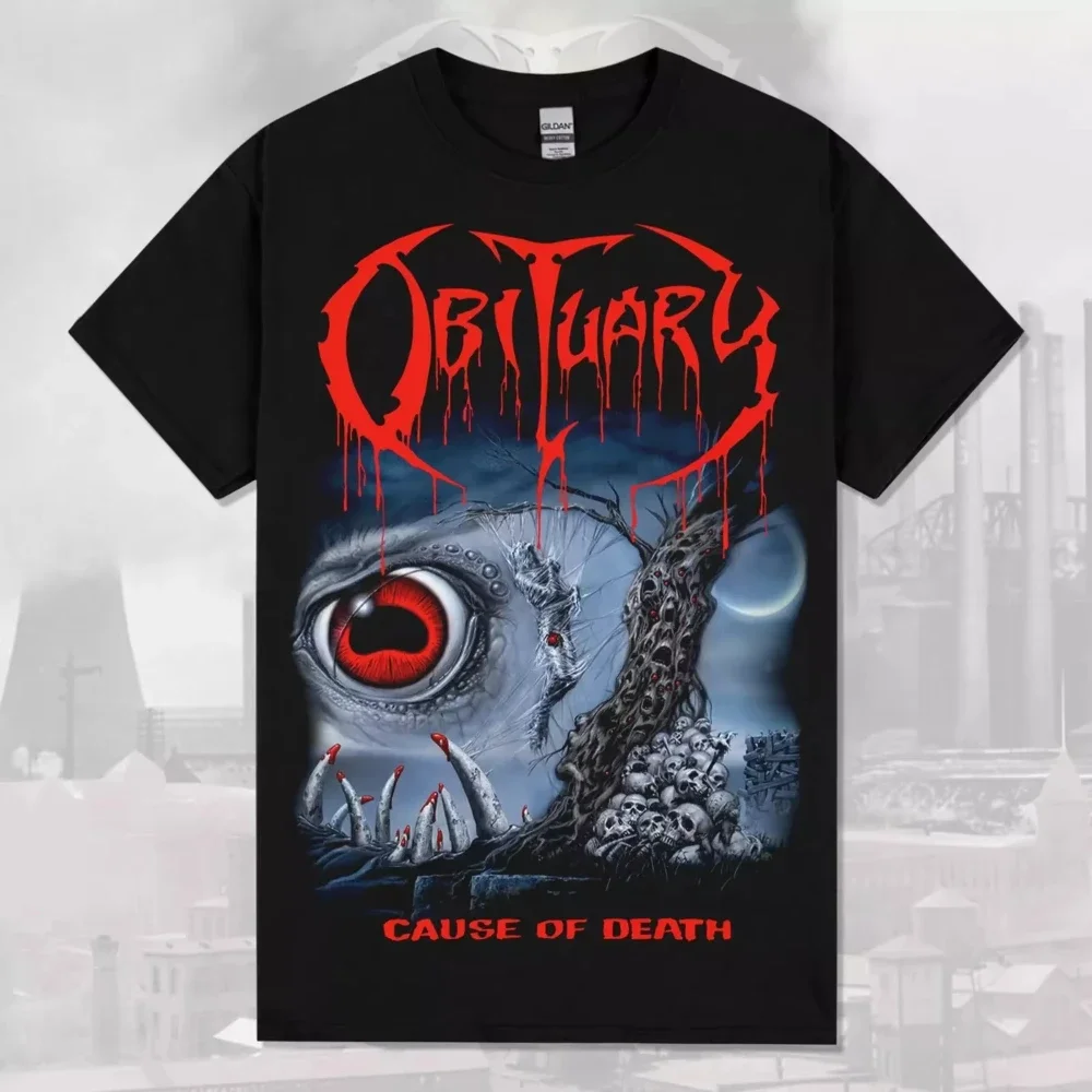 2025 Camiseta negra Obituario causa de la muerte1990 Brutal Death Metal gráfico negro hombres camiseta manga corta camisa mujer verano