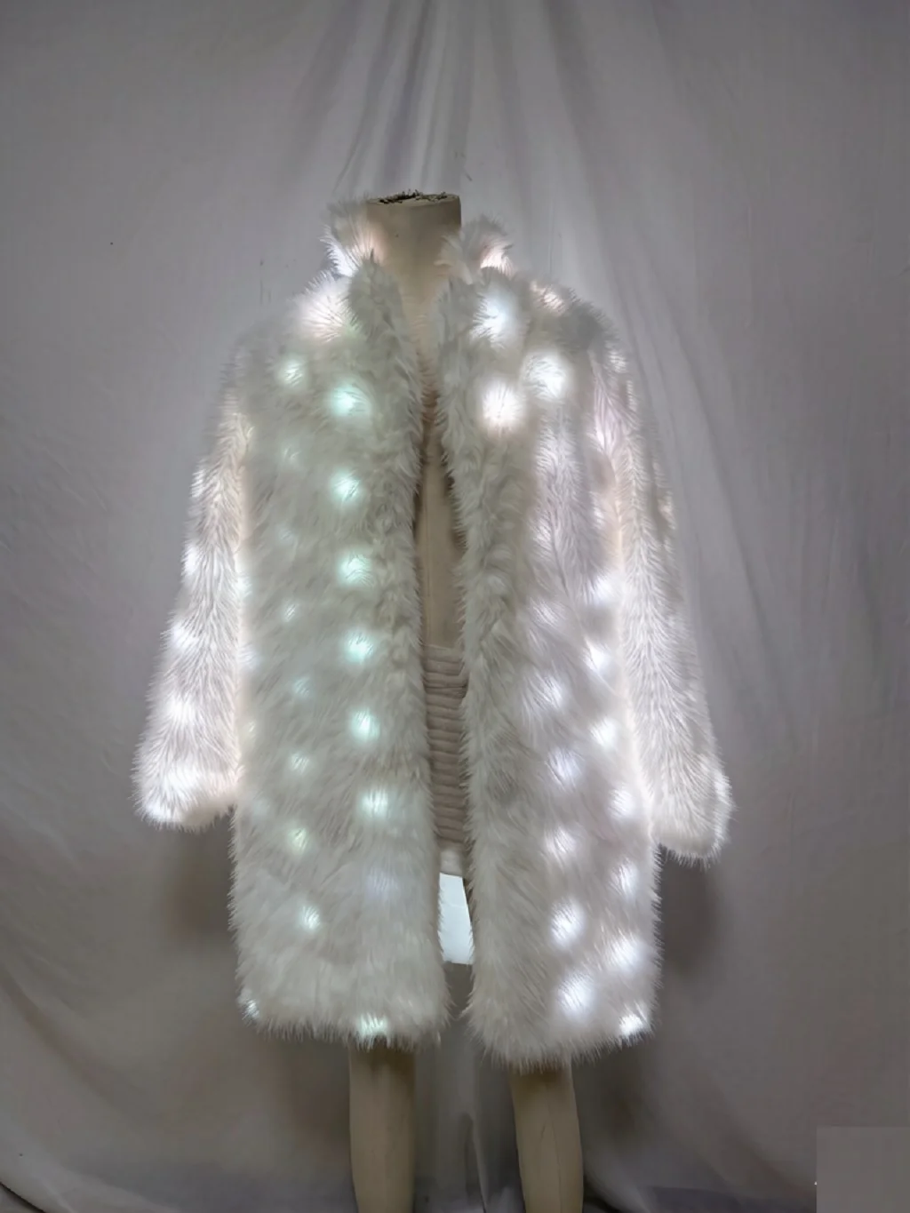 LED Burning Man Fur Coat for Women, Glowing Faux Fur Jacket with Blue Light Effects, Festival Costume Outerwear for Desert Event