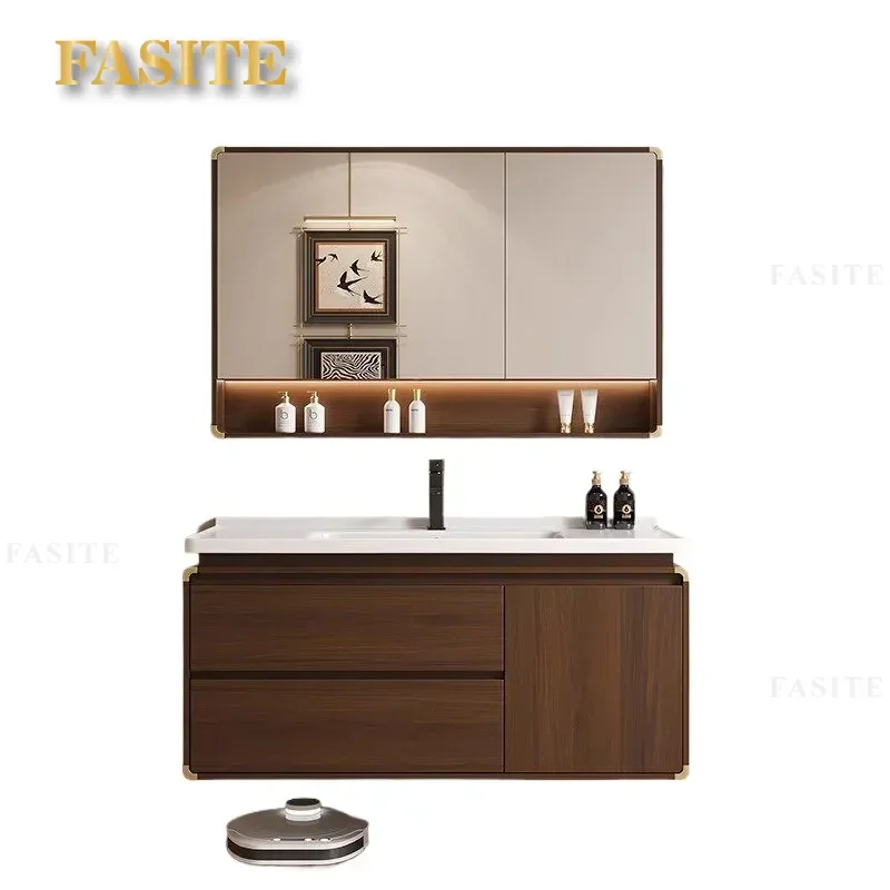 For Medieval Walnut Color Rubber Wood Bathroom Cabinet Set with Ceramic Integrated Basin Hand Wash Sink Vanity Combo Storage