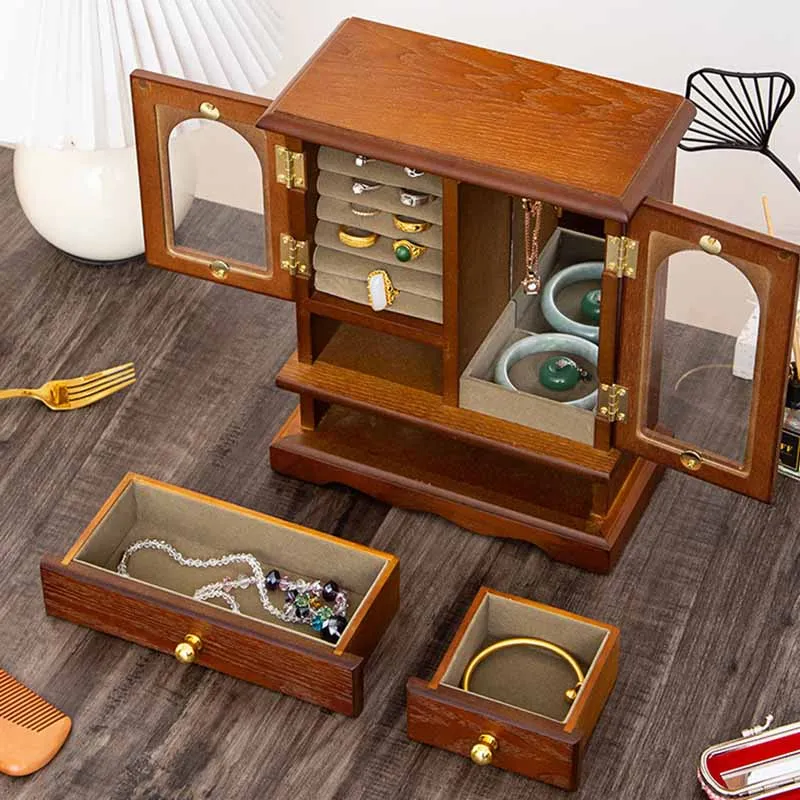 

Vintage Jewelry Box Wood Luxury Storage Boxes Necklace Ring Earrings Drawer Jewelry Display Boxes Accessory Storage Box