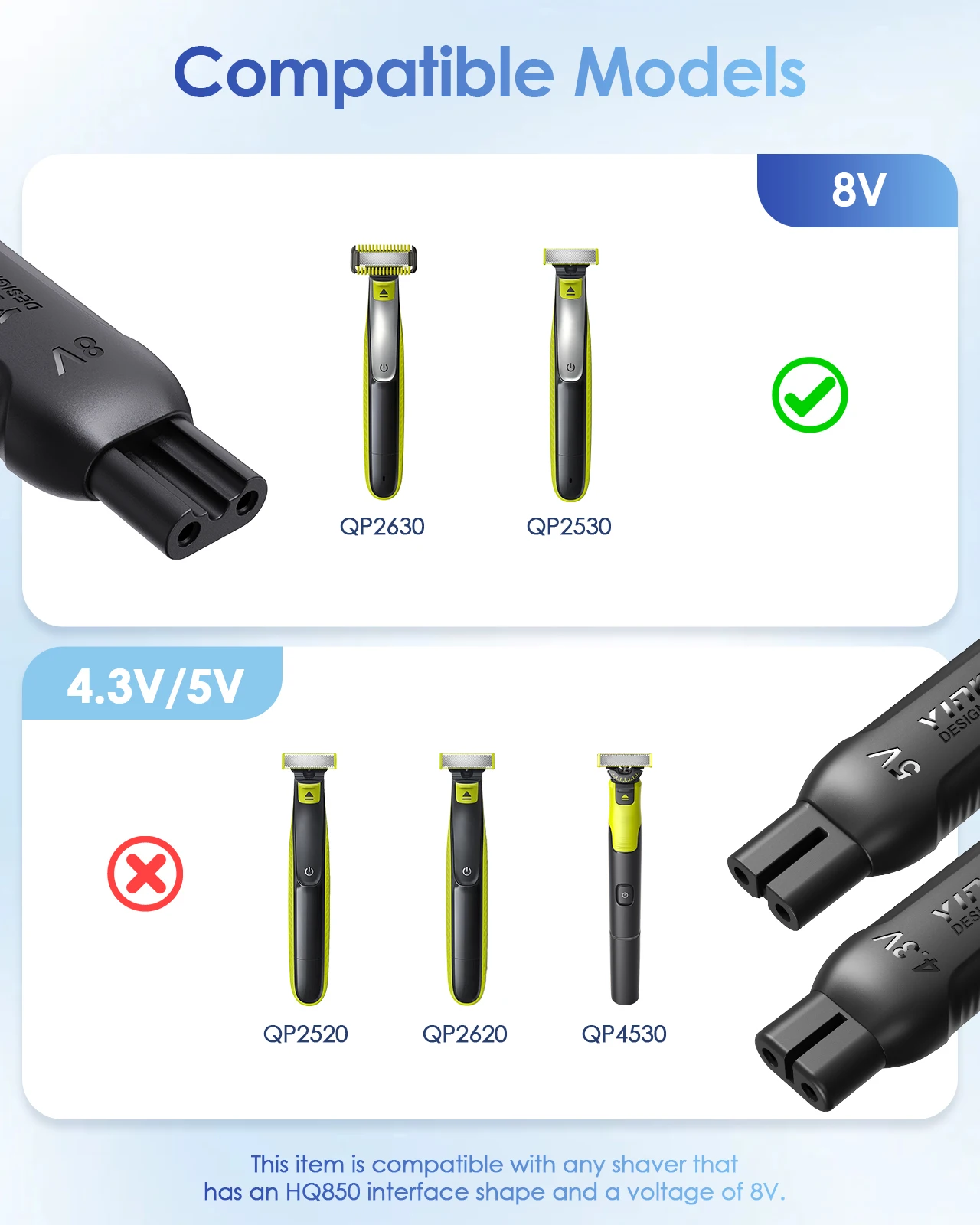 8V HQ850 Upgrade Type-C Shaver Adapter Charger Converter for Philips Oneblade QP2530/QP2630,Electric Razor Power Adapter