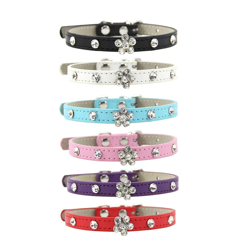 Bling Rhinestone Puppy Cat Collars Adjustable Leather Flower Kitten Collar for Small Medium Dogs Cats Chihuahua Pug Yorkshire