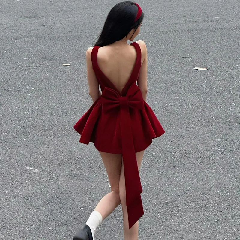 

French Atmosphere Sexy Backless Bow Red Velvet Temperament Waist Cinched Vest A-Line Dress