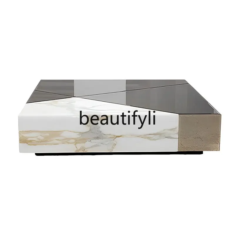 

Italian square coffee table minimalist modern marble coffee table silver mirror edge glass tea table