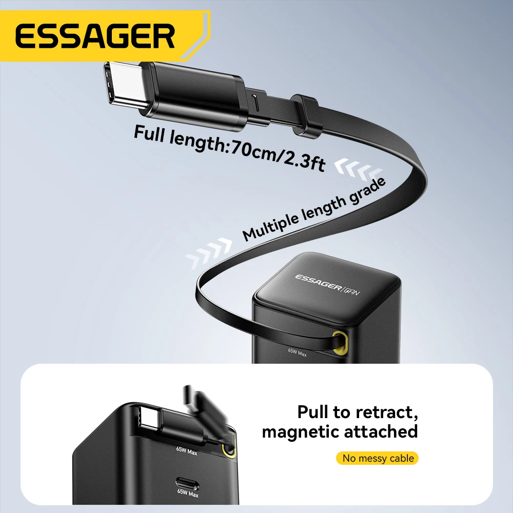 Ładowarka Essager 65W GaN z wysuwanym elastycznym kablem PD Szybkie ładowanie dla iPhone 16 15 Laptop Macbook Ładowarka do telefonu typu C — zdjęcie produktu 3