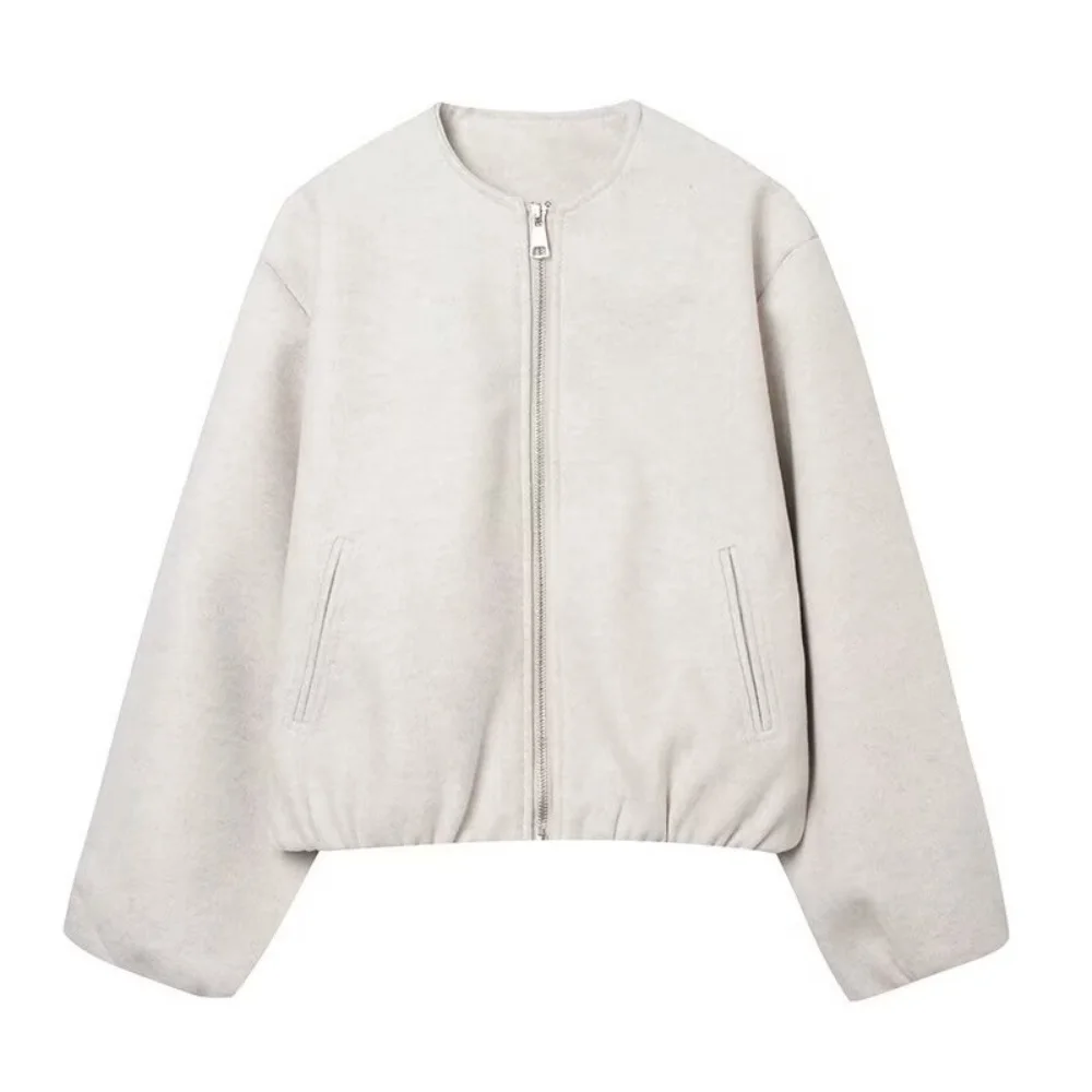 유니제라 2025 신상 여성 캐주얼 패션 유럽 및 미국 스타일 디자인 단색 라운드넥 지퍼 재킷 코트