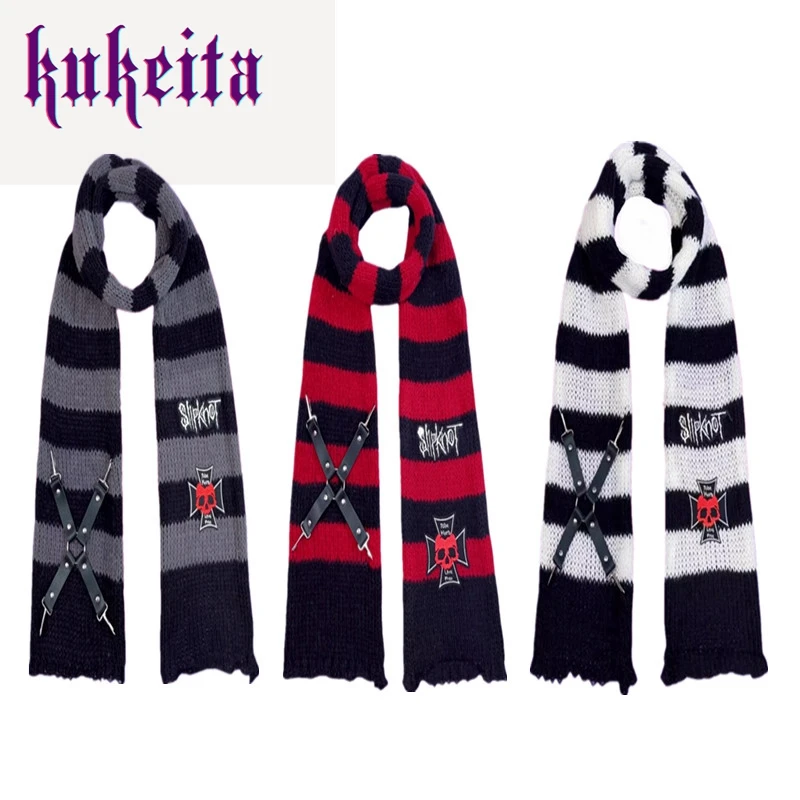 Kukeita Harajuku Gothic Skull Letter Striped Knitted Scarf Y2K Punk Cross Leather Buckle Chic Warm Long Scarf Unisex Streetwear