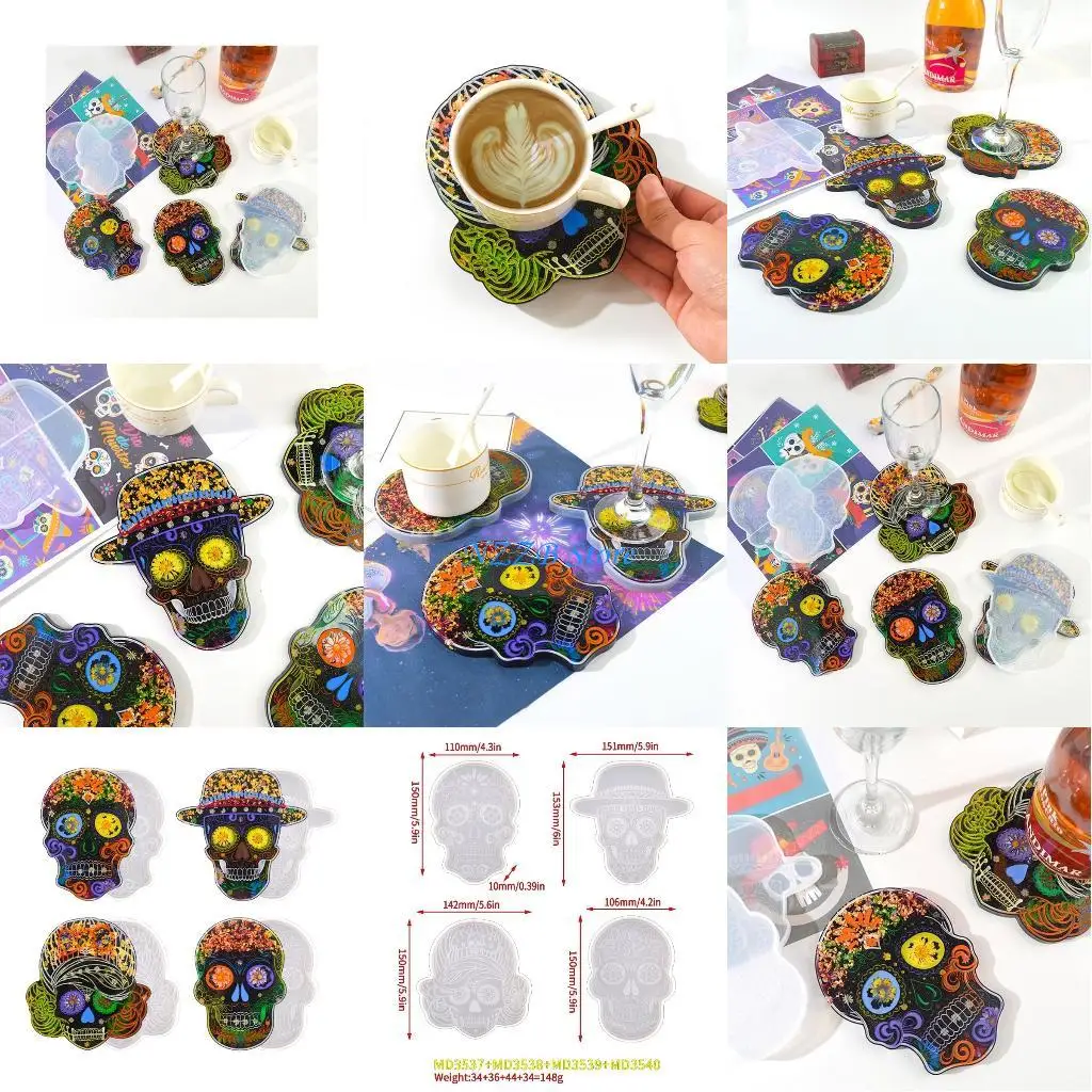 

T21F 4 шт. подставка для черепа из эпоксидной смолы, коврик для чашки, коврик для кружки, силиконовая форма, поделки своими